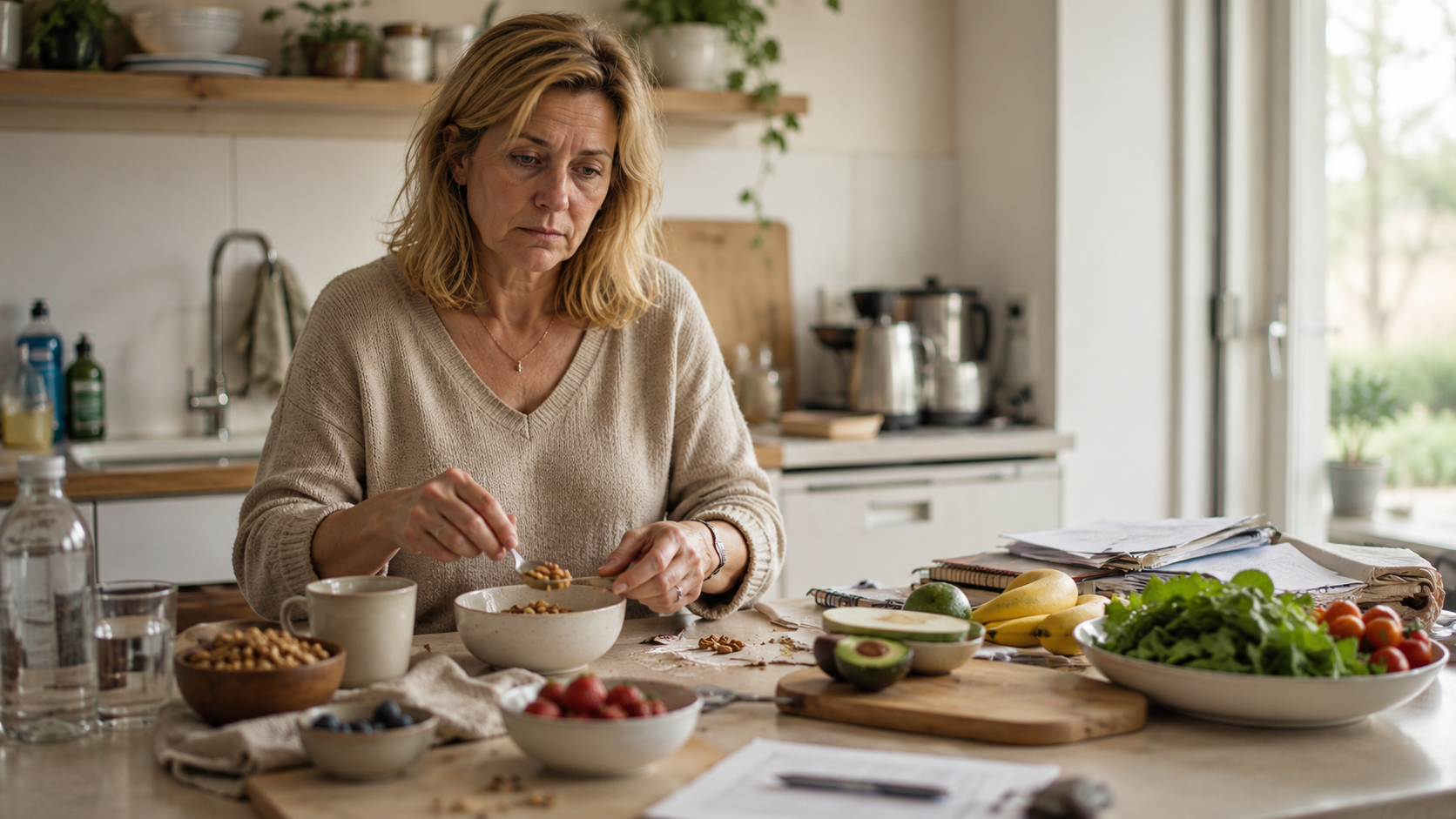 Vrouw maakt eten klaar bij stress en vermoeidheid