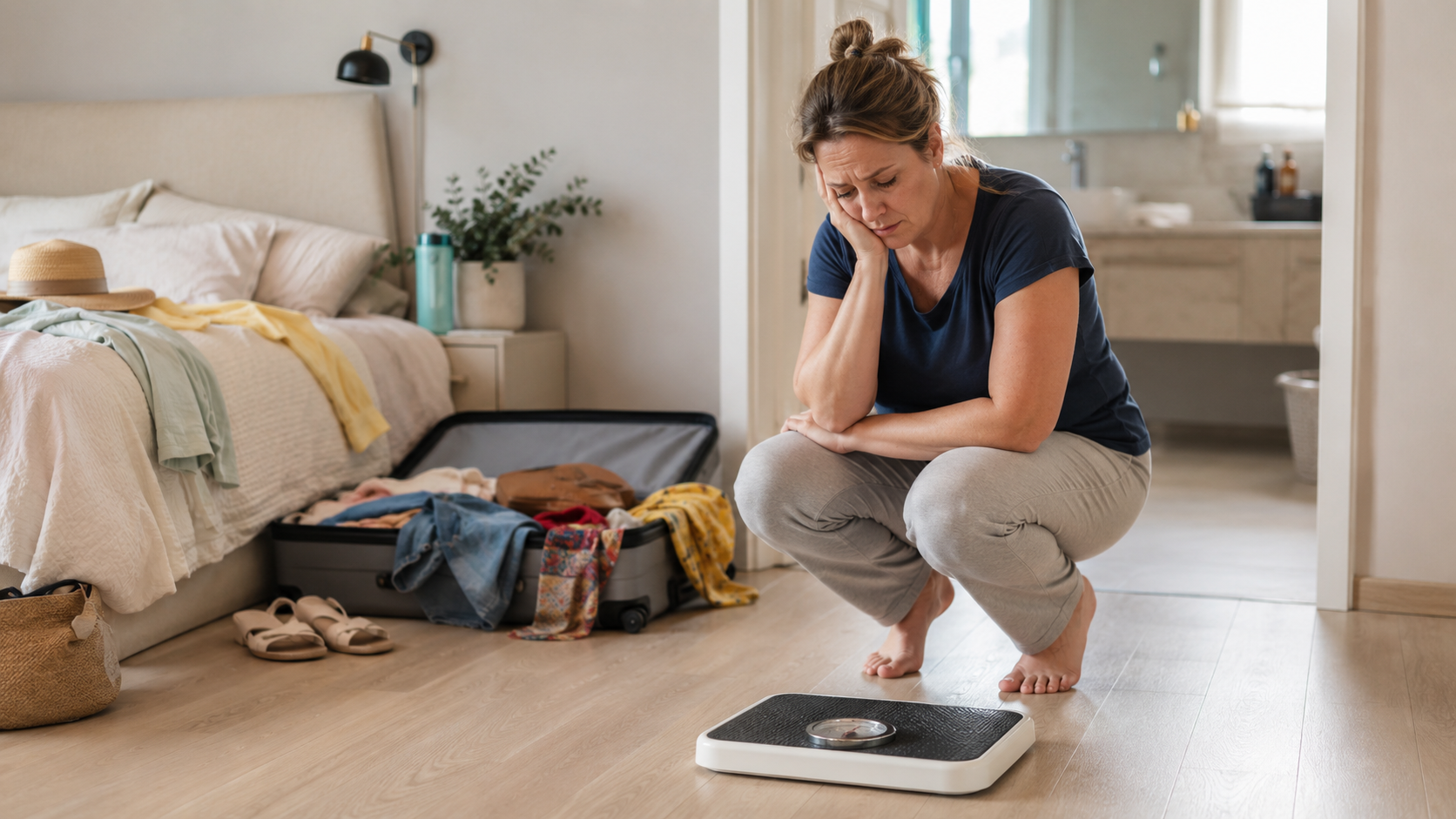 Vrouw twijfelt of ze na vakantie op de weegschaal moet staan