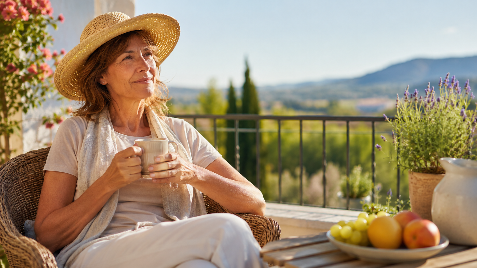 Vrouw in de zon denkt aan vitamine D en magnesium bij vermoeidheid